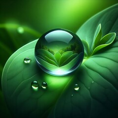 Wall Mural -  A close-up shot shows a single, perfectly round water droplet sitting atop a vibrant green leaf. 
