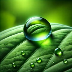 Wall Mural -  A close-up shot shows a single, perfectly round water droplet sitting atop a vibrant green leaf. 
