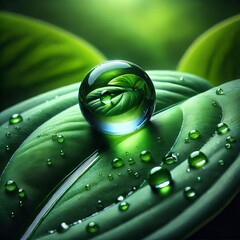 Wall Mural -  A close-up shot shows a single, perfectly round water droplet sitting atop a vibrant green leaf. 
