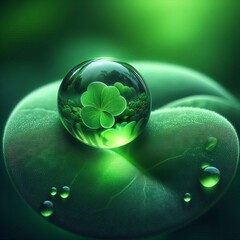 Wall Mural -  A close-up shot shows a single, perfectly round water droplet sitting atop a vibrant green leaf. 
