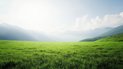 Poster - Expansive green field surrounded by mountains under a clear blue sky during the day. Generative AI