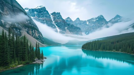 Wall Mural - A breathtaking view of a turquoise lake surrounded by snow-capped mountains and lush forests.