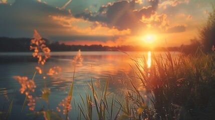 Wall Mural - A beautiful sunset over a calm lake.