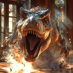 Wall Mural - Head and upper body of a roaring TRex crash through a set of beautiful French doors sending shattered glass and wood flying Its sharp teeth gleam as sunlight streams in casting shadows