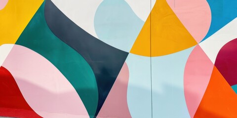 An abstract and colorful mural against a stark white backdrop, Minimalist shapes in vibrant colors, Colorful mural minimalist style