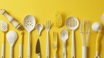 Wall Mural - A flat lay of kitchen utensils against a yellow background.