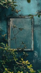 Poster - Reflective mirror surrounded by lush green leaves on a textured blue wall in an outdoor setting. Generative AI