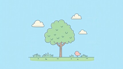 Wall Mural - Cute Cartoon Tree with Cloudy Sky and Little Bird in Pastel Colors