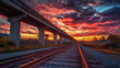 © Muhammad - Sunset over railway tracks dramatic sky vibrant clouds travel adventure industrial landscape road journey dusk train path transportation