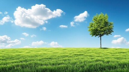 Poster - Bright green field under a clear blue sky with fluffy clouds and a single tree standing tall. Generative AI