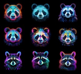 Aufkleber - Nine vibrant panda and three raccoon portraits.  Neon, glowing, colorful fur.  Dark background.  Mystical, artistic animal heads.