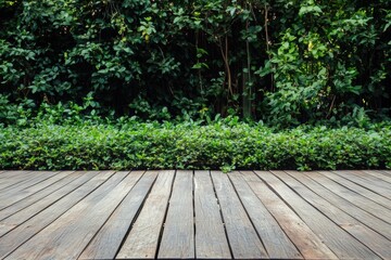 Aufkleber - Empty wooden deck surrounded by lush greenery creating a tranquil space for relaxation or creativity. Generative AI