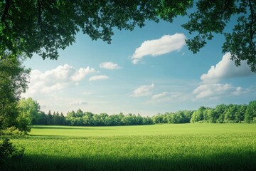Poster - Vibrant green field under a clear sky surrounded by lush trees and scattered clouds during daylight. Generative AI