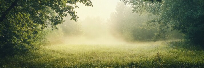 Poster - Empty green field shrouded in mist at dawn creating a serene natural atmosphere for peaceful reflection. Generative AI