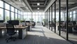 © Jasper - Modern Office Workspace: Sunlit contemporary office interior design with sleek workstations, glass partitions, and large windows offering a bright and productive atmosphere.