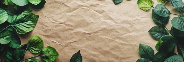Fototapete - Blank textured surface surrounded by vibrant green leaves for creative design purposes. Generative AI