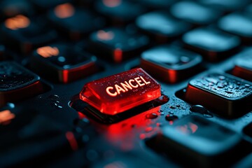 close-up of a glowing red cancel button on a wet keyboard. a detailed view of a modern computer inte