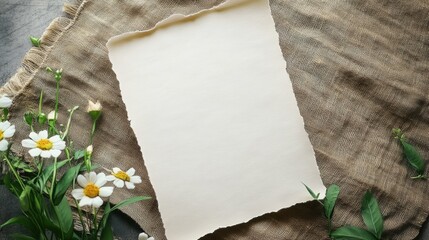 Poster - Blank craft paper on burlap fabric surrounded by wildflowers for creative text design and decoration ideas. Generative AI