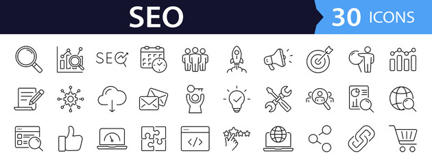 Poster - SEO Optimisation set of web icons in line style. Search Engine Optimization. Business, traffic, optimization, target. Search Engine and Marketing icons for web and mobile app. Vector illustration