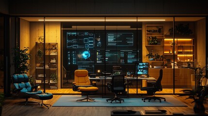 Night office, programmer workspace, data analysis, modern design, home office, technology
