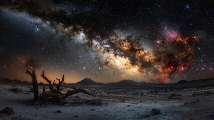 Fototapete - Night photography of the milky way galaxy a stargazing adventure over a serene desert landscape in wide-angle view