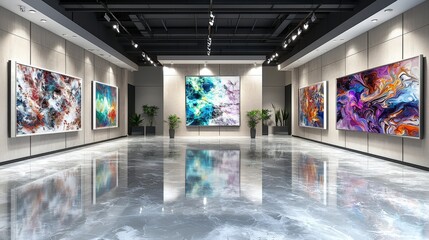 Poster - Ai-generated art display in a modern gallery downtown art exhibition contemporary inside view digital creativity