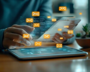 Poster - Person interacting with a tablet showing email spam alert notifications, emphasizing email security and antispam measures