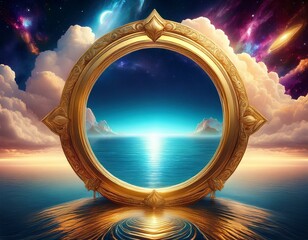 Wall Mural - surreal cosmic portal ocean and cloud fusion with golden frame