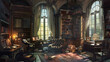 © rizkan - Cozy, sunlit library filled with books, a comfortable armchair, and scattered papers creating a warm atmosphere