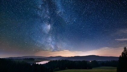 Wall Mural - a serene night sky filled with stars showcasing a tranquil landscape and distant lights