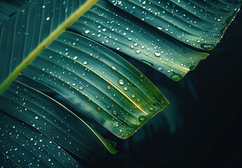 Wall Mural - tropical leaf with raindrops close up