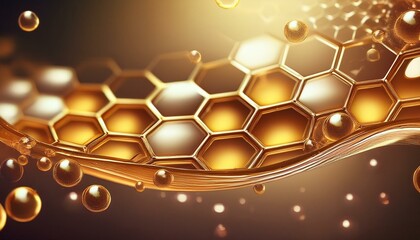 Poster - golden liquid oil serum collagen in bubbles in hexagonal honeycomb cell cosmetic and luxury product 
