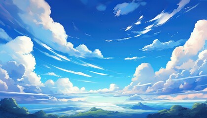 Wall Mural - anime beautiful blue sky white clouds sky background generated ai