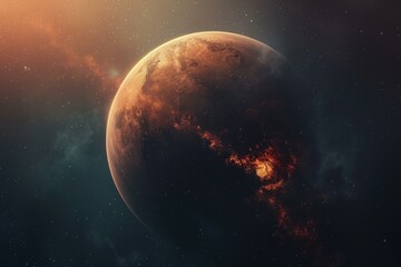 Wall Mural - mars, the fourth planet from the sun, rotates in space with a nebula and stars in the background