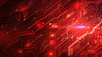 Digital technology banner red background concept, circuit technology light effect, abstract cyber tech, innovation future data, internet network, Ai big data, line dots connection
