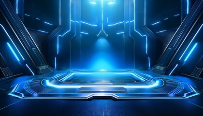 Poster - futuristic sci fi stage background illuminated with blue neon lights in a dark room perfect for prod