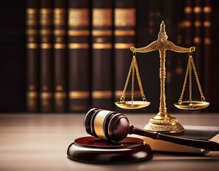 golden scales of justice with gavel and law book on desk legal concept for attorneys courts and judicial system professional law office background with copy space