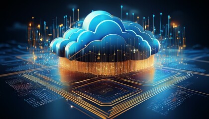 cloud computing visual with blue golden digits and code representing aidriven data processing secure