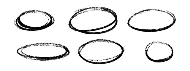 Wall Mural - crayon highlight oval frames set with textured black brush strokes on white background. hand drawn g