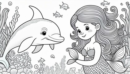 Wall Mural - dolphin and mermaid coloring page funny animal illustration colouring