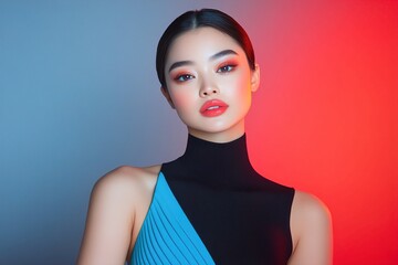 Wall Mural - A striking young Asian woman poses confidently with vibrant makeup against a colorful backdrop. Colorful Glow, Dual-Tone Studio Lighting