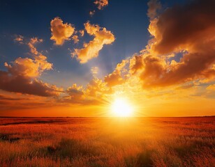 Wall Mural - orange sky with sun and clouds during hot summer weather