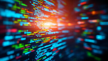 Brightly colored digital code flowing against a dark background in a modern tech environment during nighttime
