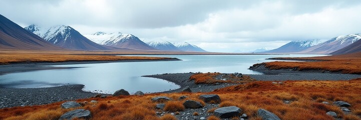 Arctic tundra with Dempster Highway in the distance, rock, water, cold weather