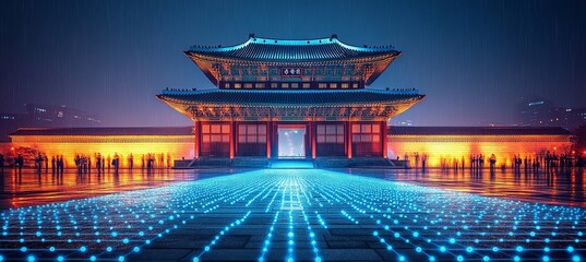 Gyeongbokgung Palace with Futuristic Blue Digital Network Illumination, Seoul, South Korea