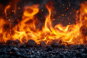 Poster - Flames dance among glowing embers in a close-up view of a coal fire during nighttime