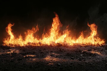 Leinwandbilder - Flames dance over dark ground creating a surreal and intense atmosphere at night