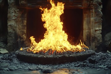 Poster - Flames dance in the hearth providing warmth in a rustic stone setting during evening hours