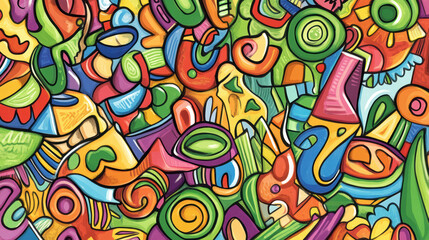 Bright and colorful abstract doodle shapes create cheerful and inviting atmosphere, filled with vibrant greens, reds, and yellows, perfect for adding energy to any space