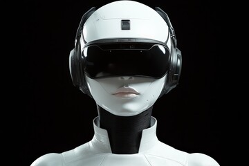 Poster - Futuristic humanoid robot wearing virtual reality headset and headphones in a minimalist setting